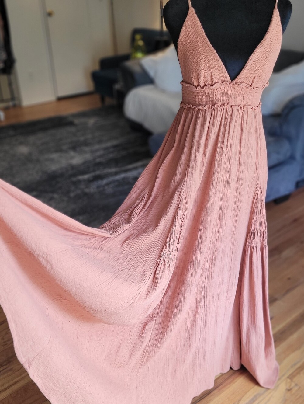 Free People Heat Haze Maxi dress Apricot Peach Brown V-Neck Smocked Size XS Boho - Picture 5 of 16